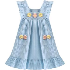 imageSOLY HUX Toddler Girls Floral Applique Dress Square Neck Cap Sleeve Ruffle Hem Summer Midi DressesLight Blue