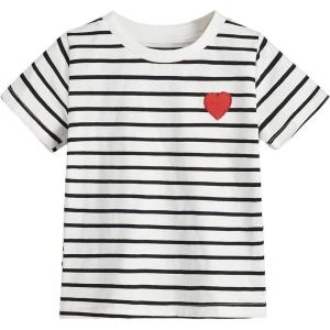 imageSOLY HUX Toddler Girls Striped Print Short Sleeve Tee Shirts Heart Crewneck Cute Summer TopsBlack and White
