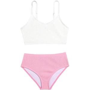 imageSOLY HUX Toddler Girls Two Piece Swimsuit Color Block Bikini Sets Ribbed Knit Bathing Suits White and Pink 6Y