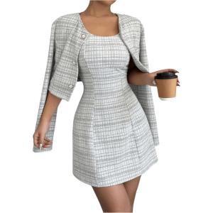 imageSOLY HUX Womens 2 Piece Outfits Plaid Long Sleeve Button Down Cropped Jacket and Sleeveless Mini Dress SetsBlack and White Plaid