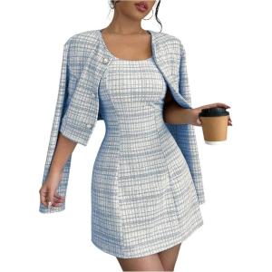 imageSOLY HUX Womens 2 Piece Outfits Plaid Long Sleeve Button Down Cropped Jacket and Sleeveless Mini Dress SetsBlue Plaid