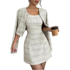 imageSOLY HUX Womens 2 Piece Outfits Plaid Long Sleeve Button Down Cropped Jacket and Sleeveless Mini Dress SetsBrown Plaid