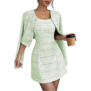 imageSOLY HUX Womens 2 Piece Outfits Plaid Long Sleeve Button Down Cropped Jacket and Sleeveless Mini Dress SetsGreen Plaid