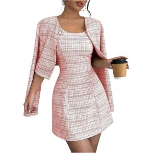 imageSOLY HUX Womens 2 Piece Outfits Plaid Long Sleeve Button Down Cropped Jacket and Sleeveless Mini Dress SetsPink Plaid