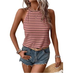 imageSOLY HUX Womens Casual Striped Tank Top Sleeveless Crew Neck Halter Ribbed Summer TopsDusty Pink Striped