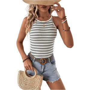 imageSOLY HUX Womens Casual Striped Tank Top Sleeveless Crew Neck Halter Ribbed Summer TopsMulti Striped