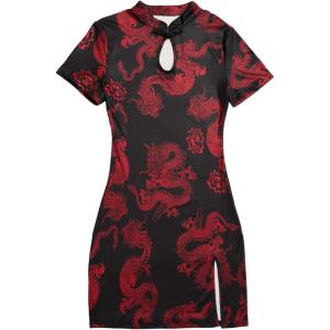 imageSOLY HUX Womens Chinese Cheongsam Short Sleeve Dragon Print Dress Mini Bodycon Evening DressesBlack and Red