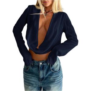 imageSOLY HUX Womens Deep V Neck Draped Crop Blouse Long Sleeve Shirts Going Out Cropped TopsDark Blue