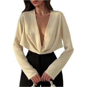 imageSOLY HUX Womens Deep V Neck Draped Crop Blouse Long Sleeve Shirts Going Out Cropped TopsPure Apricot