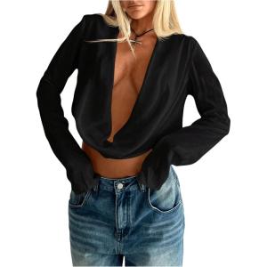 imageSOLY HUX Womens Deep V Neck Draped Crop Blouse Long Sleeve Shirts Going Out Cropped TopsPure Black