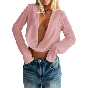 imageSOLY HUX Womens Deep V Neck Draped Crop Blouse Long Sleeve Shirts Going Out Cropped TopsPure Pink