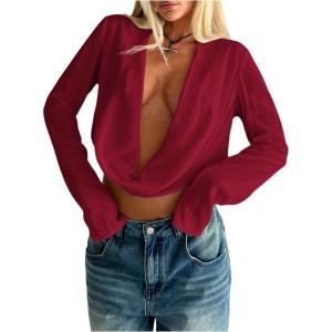 imageSOLY HUX Womens Deep V Neck Draped Crop Blouse Long Sleeve Shirts Going Out Cropped TopsPure Red