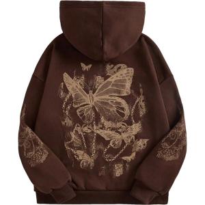 imageSOLY HUX Womens Graphic Hoodies Butterfly Print Long Sleeve Drawstring Pocket Sweatshirt Pullover TopsBrown Graphic Print