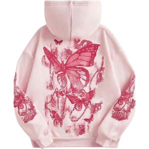 imageSOLY HUX Womens Graphic Hoodies Butterfly Print Long Sleeve Drawstring Pocket Sweatshirt Pullover TopsPink Graphic Print