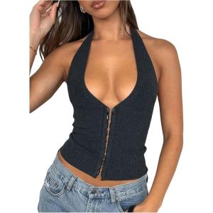 imageSOLY HUX Womens Halter Top Deep V Neck Sleeveless Backless Trendy Y2k Going Out Crop Tank TopsPure Black