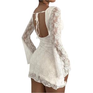 imageSOLY HUX Womens Lace Mini Dress Tie Backless Bell Long Sleeve Crew Neck Bodycon DressesPure White