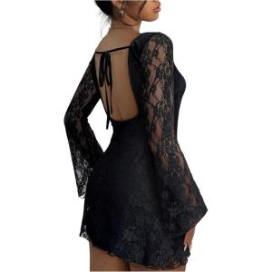 imageSOLY HUX Womens Lace Mini Dress Tie Backless Bell Long Sleeve Crew Neck Bodycon DressesSolid Black
