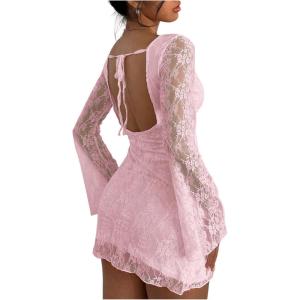 imageSOLY HUX Womens Lace Mini Dress Tie Backless Bell Long Sleeve Crew Neck Bodycon DressesSolid Pink