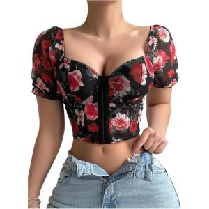 imageSOLY HUX Womens Leopard Print Front Closure Push Up Bustier Corsets Short Sleeve Sweetheart Neck Crop TopsBlack Floral
