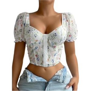 imageSOLY HUX Womens Leopard Print Front Closure Push Up Bustier Corsets Short Sleeve Sweetheart Neck Crop TopsWhite Floral