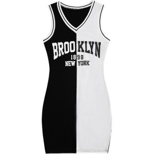 imageSOLY HUX Womens Letter Graphic Print Color Block V Neck Sleeveless Bodycon Mini DressBlack and White