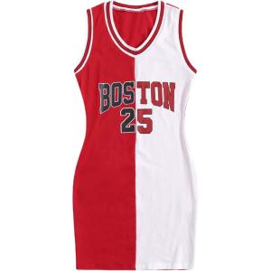 imageSOLY HUX Womens Letter Graphic Print Color Block V Neck Sleeveless Bodycon Mini DressRed White