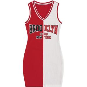 imageSOLY HUX Womens Letter Graphic Print Color Block V Neck Sleeveless Bodycon Mini DressWhite Red