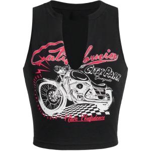 imageSOLY HUX Womens Letter Graphic Tank Top Notched V Neck Sleeveless Summer Crop Tops StreetwearBlack Motorcycle