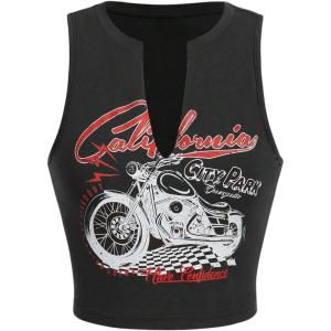 imageSOLY HUX Womens Letter Graphic Tank Top Notched V Neck Sleeveless Summer Crop Tops StreetwearDark Grey Motorcycle