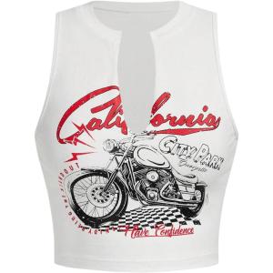 imageSOLY HUX Womens Letter Graphic Tank Top Notched V Neck Sleeveless Summer Crop Tops StreetwearWhite Motorcycle