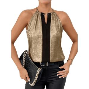 imageSOLY HUX Womens Metallic Sleeveless Shirts Color Block Halter Neck Tunic Top Party Club BlousesGold and Black