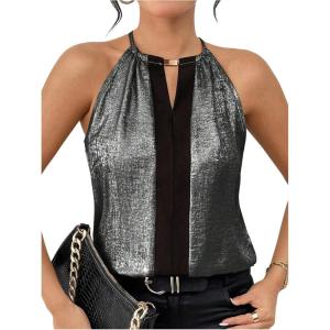 imageSOLY HUX Womens Metallic Sleeveless Shirts Color Block Halter Neck Tunic Top Party Club BlousesGrey and Black