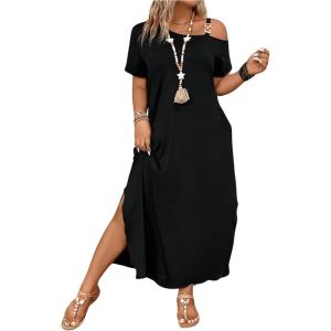 imageSOLY HUX Womens Plus Size Cold Shoulder Short Sleeve Split Hem T Shirt Dress Summer Long Maxi DressesPlain Black