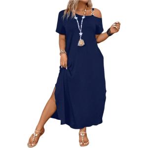 imageSOLY HUX Womens Plus Size Cold Shoulder Short Sleeve Split Hem T Shirt Dress Summer Long Maxi DressesPure Dark Blue