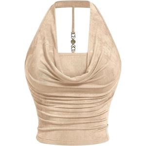 imageSOLY HUX Womens Plus Size Halter Draped Front Backless Tank Top Sleeveless Y2k Crop TopsSolid Apricot