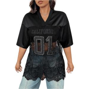 imageSOLY HUX Womens Plus Size Jersey Shirts Lace Sheer V Neck Half Sleeve Number Graphic Tees Casual T ShirtBlack Letter
