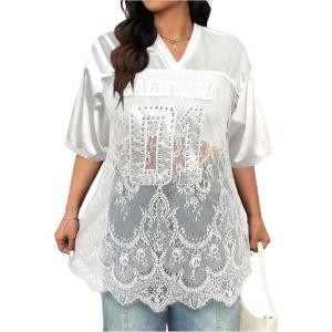 imageSOLY HUX Womens Plus Size Jersey Shirts Lace Sheer V Neck Half Sleeve Number Graphic Tees Casual T ShirtWhite Letter