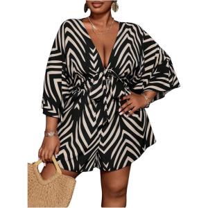 imageSOLY HUX Womens Plus Size Romper Striped V Neck Tie Front 34 Sleeve Loose Short JumpsuitBlack Printed