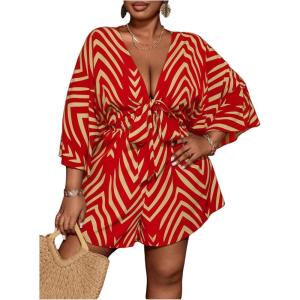 imageSOLY HUX Womens Plus Size Romper Striped V Neck Tie Front 34 Sleeve Loose Short JumpsuitBurgundy Printed