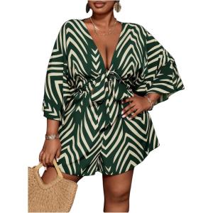 imageSOLY HUX Womens Plus Size Romper Striped V Neck Tie Front 34 Sleeve Loose Short JumpsuitGreen Printed