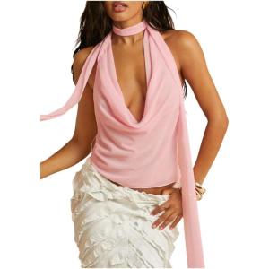 imageSOLY HUX Womens Sexy Deep V Neck Halter Tops Y2K Cowl Neck Backless Chiffon Summer Crop Top for Going Out ClubwearLight Pink