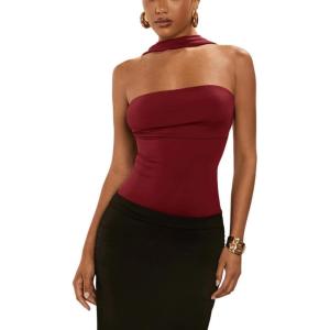 imageSOLY HUX Womens Sleeveless Halter Bodysuit Open Back Body Suits Sexy Party Slim Fit Backless TopsPure Burgundy
