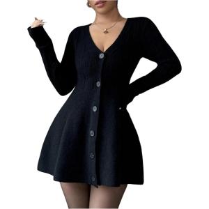 imageSOLY HUX Womens Sweater Dress Button Down V Neck Long Sleeve Knit A Line Mini DressesPure Black