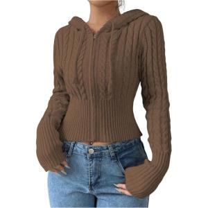 imageSOLY HUX Womens Zip Up Hooded Crop Cardigan Cable Knit Hoodies Long Sleeve Y2k Sweater JacketCoffee Brown