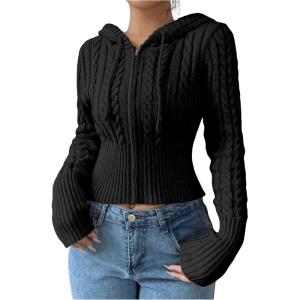 imageSOLY HUX Womens Zip Up Hooded Crop Cardigan Cable Knit Hoodies Long Sleeve Y2k Sweater JacketSolid Black