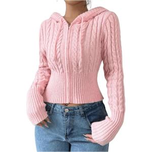 imageSOLY HUX Womens Zip Up Hooded Crop Cardigan Cable Knit Hoodies Long Sleeve Y2k Sweater JacketSolid Pink