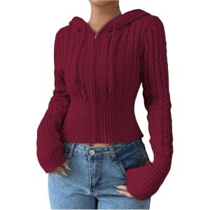 imageSOLY HUX Womens Zip Up Hooded Crop Cardigan Cable Knit Hoodies Long Sleeve Y2k Sweater JacketSolid Red