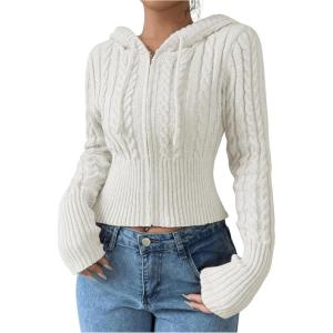 imageSOLY HUX Womens Zip Up Hooded Crop Cardigan Cable Knit Hoodies Long Sleeve Y2k Sweater JacketSolid White