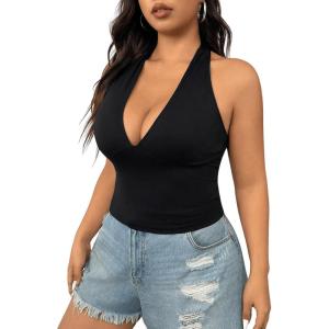 imageSOLY HUX Womens Plus Size Sexy Halter Deep V Neck Tank Top Backless Sleeveless Slim Fitted Going Out Crop TopsSolid Black