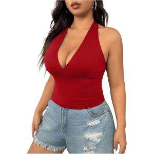 imageSOLY HUX Womens Plus Size Sexy Halter Deep V Neck Tank Top Backless Sleeveless Slim Fitted Going Out Crop TopsSolid Red
